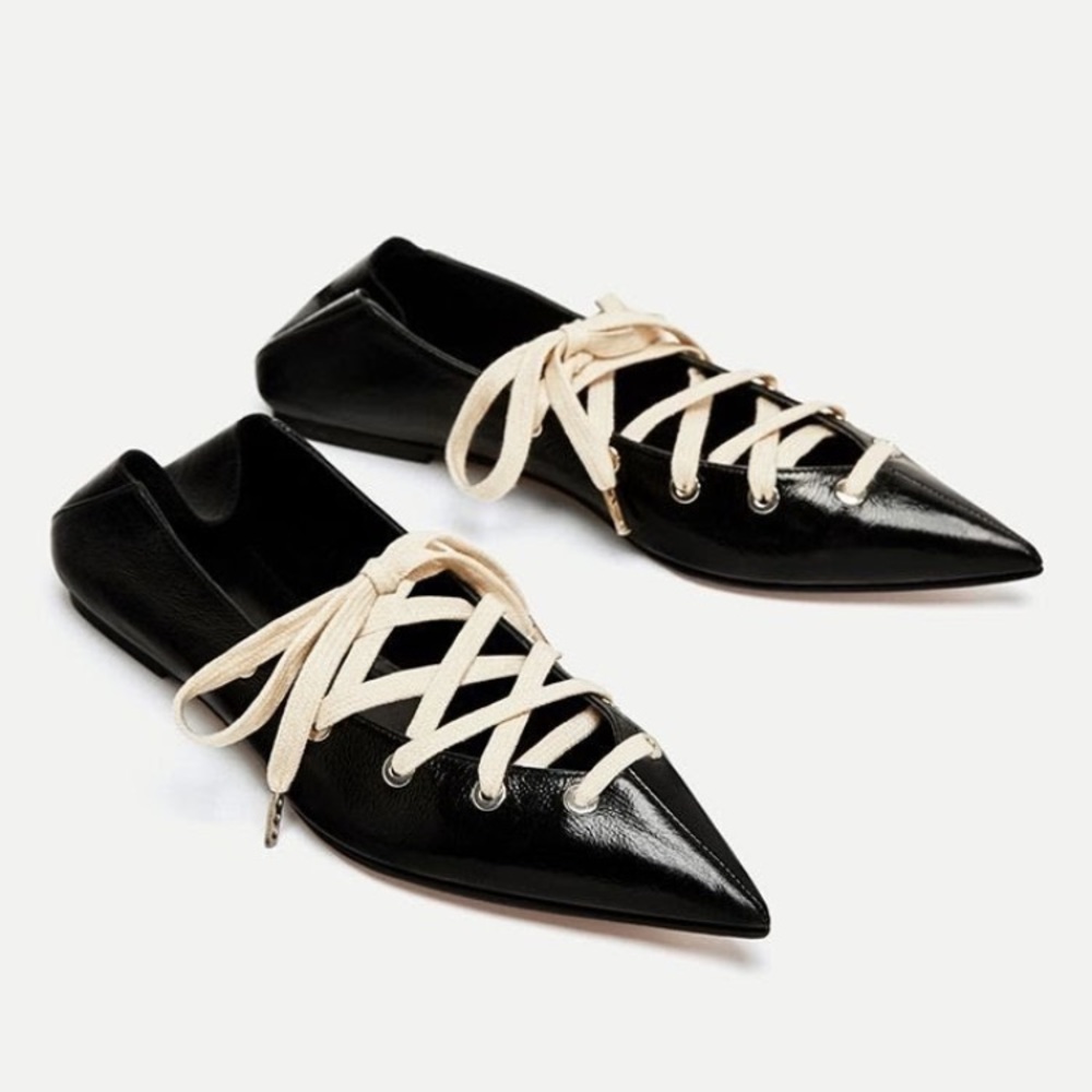 ZARA Leather Mules Ballerinas With Laces